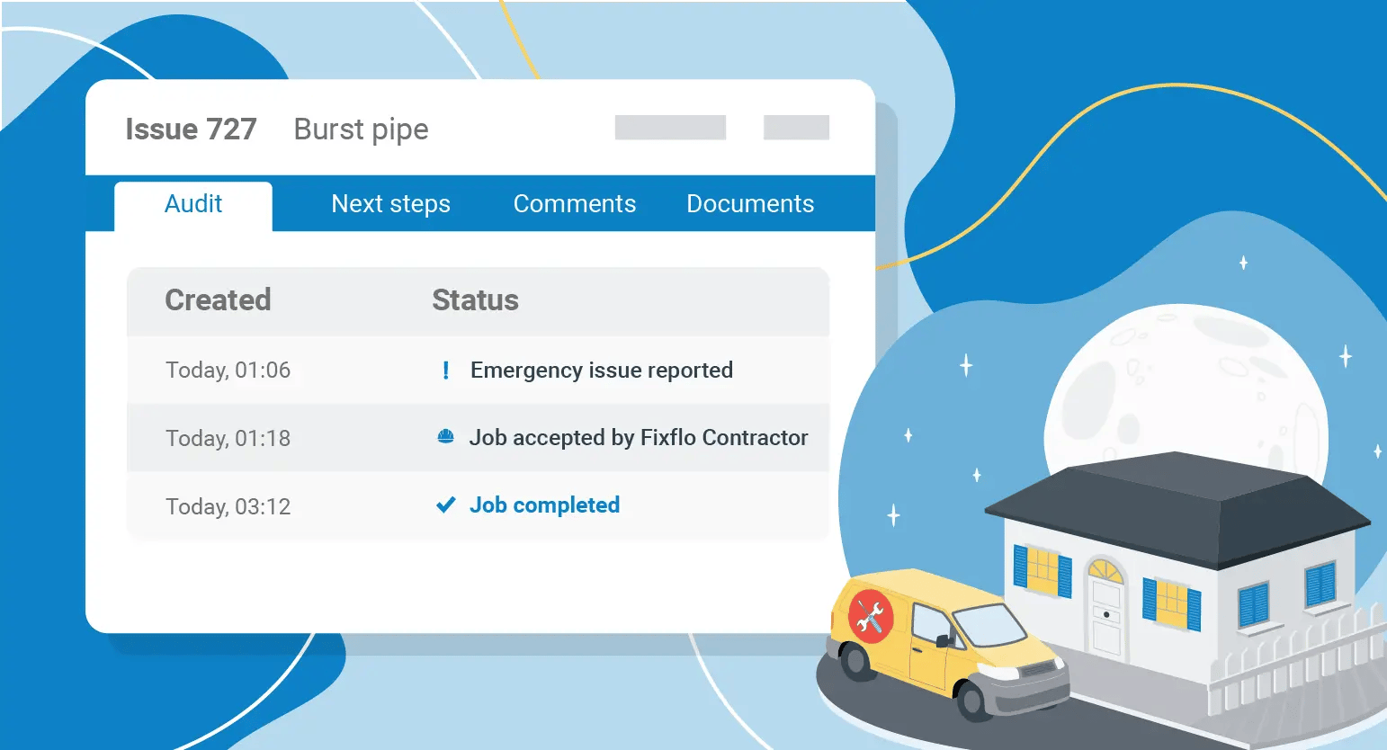 An illustration of Fixflo's out-of-hours solution being demonstrated for a burst pipe