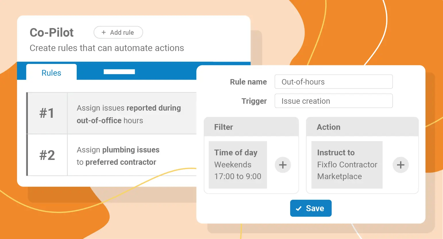 An illustration of Fixflo's Co-pilot feature where users can create rules that can automate actions