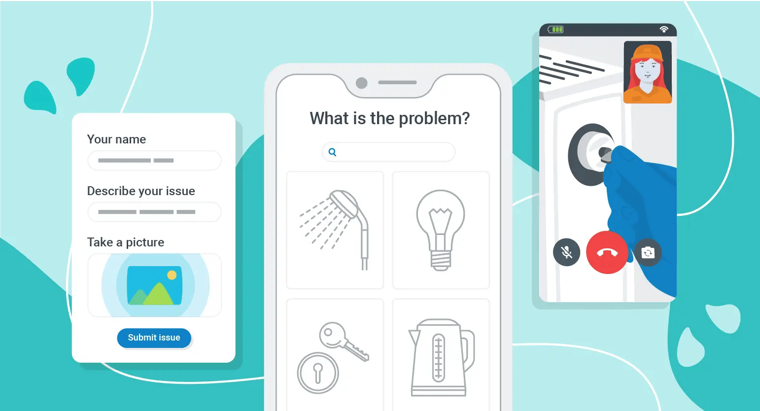 An illustration of Fixflo's tenant repair reporting portal and video maintenance solution in action