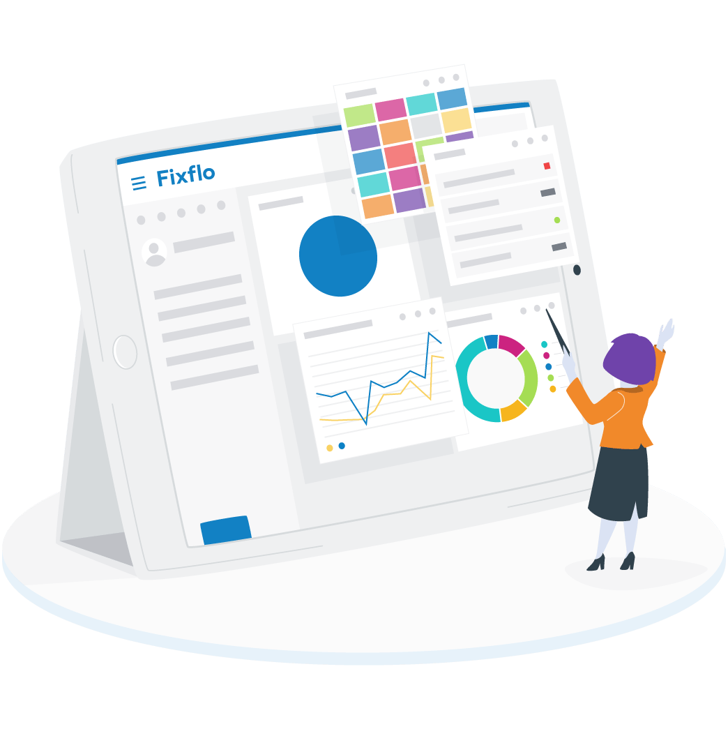 An illustration of a woman managing her entire repairs and maintenance workflow through Fixflo