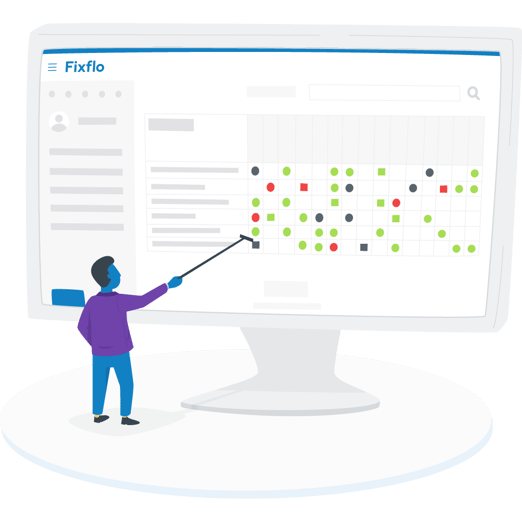 An illustration of a man using Fixflo's planned preventative maintenance tool