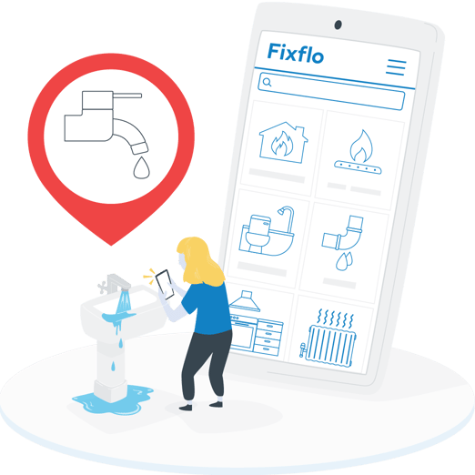 An illustration of a woman using Fixflo's tenant repair reporting portal to report a tap leak on her mobile phone