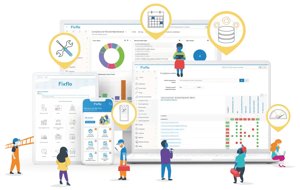 Fixflo's offerings including its customer dashboard, tenant reporting portal, contractor app and compliance matrix