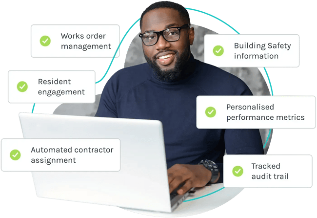A build to rent agent with checkbox illustrations of work completed and knowledge gained via Fixflo's software