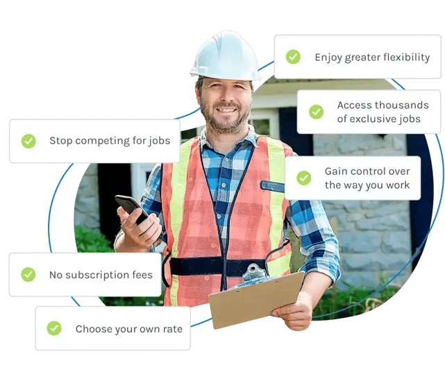 Tradesperson using fixflo on their phone to gain access to thousands of exclusive jobs, creating their own invoices and communicate repairs 