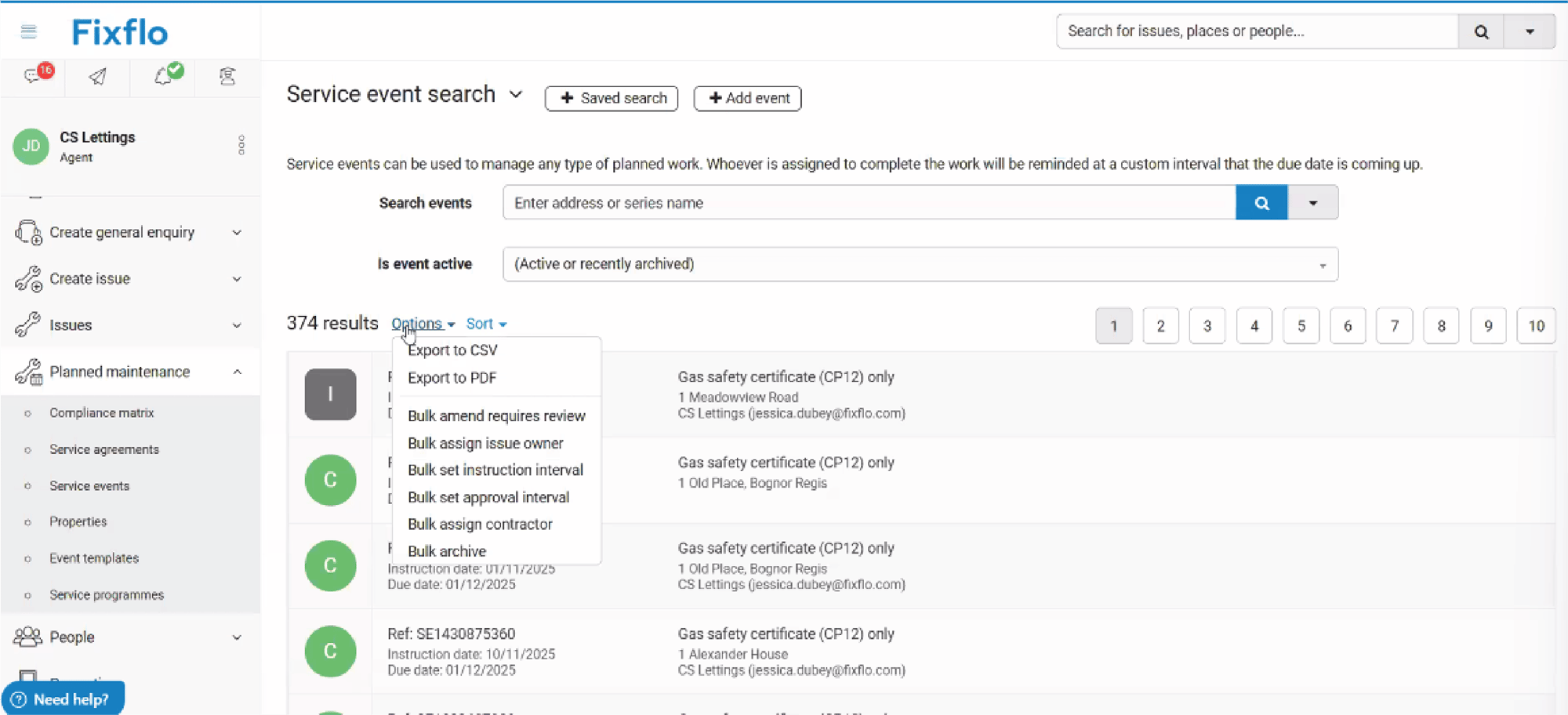 Service event search