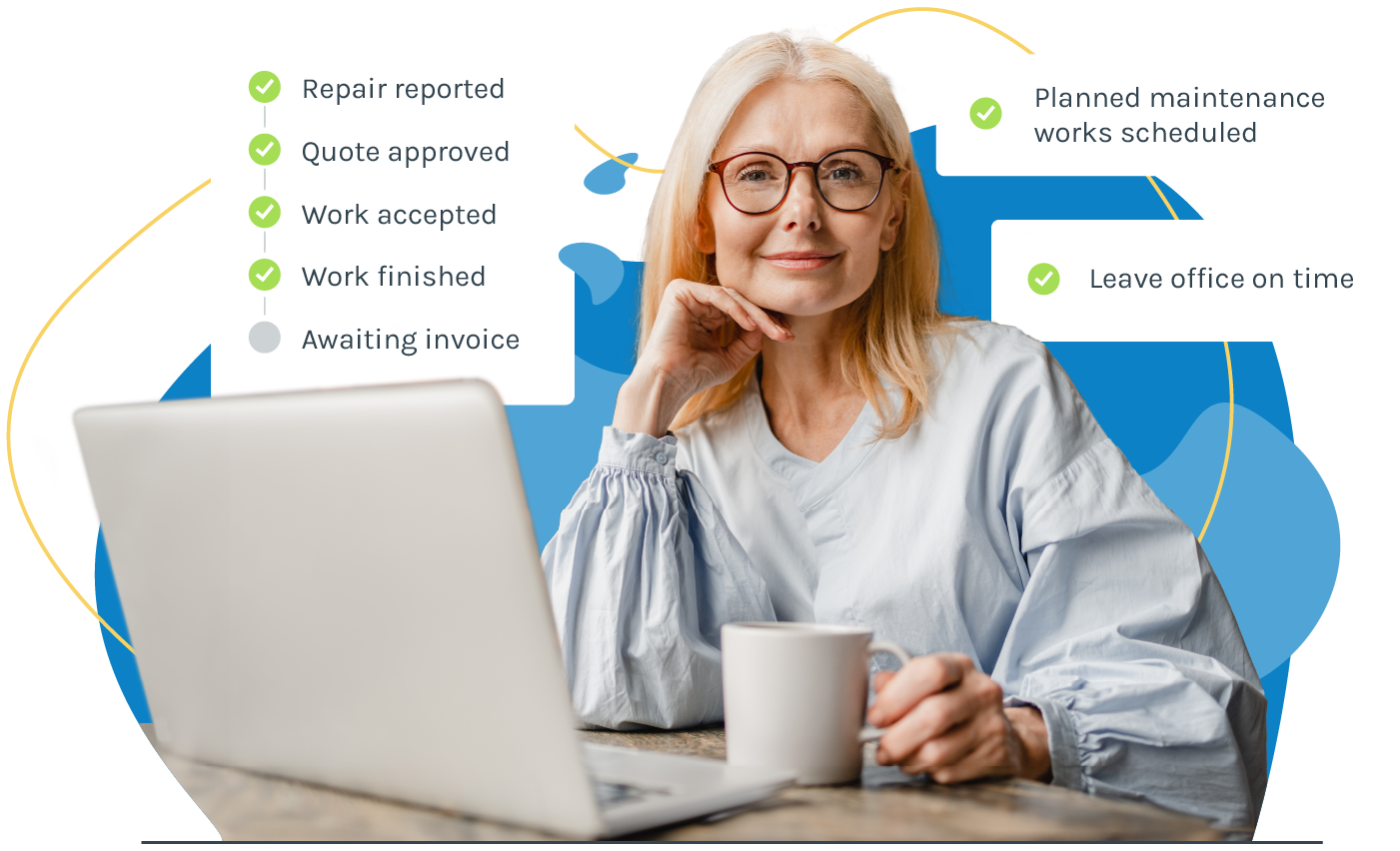 A relaxed property manager with checkbox illustrations of work completed via Fixflo's software including planned maintenance