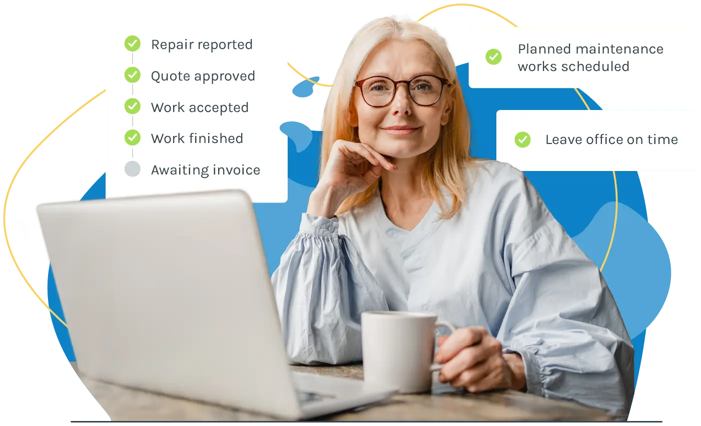 A relaxed property manager with checkbox illustrations of work completed via Fixflo's software including planned maintenance