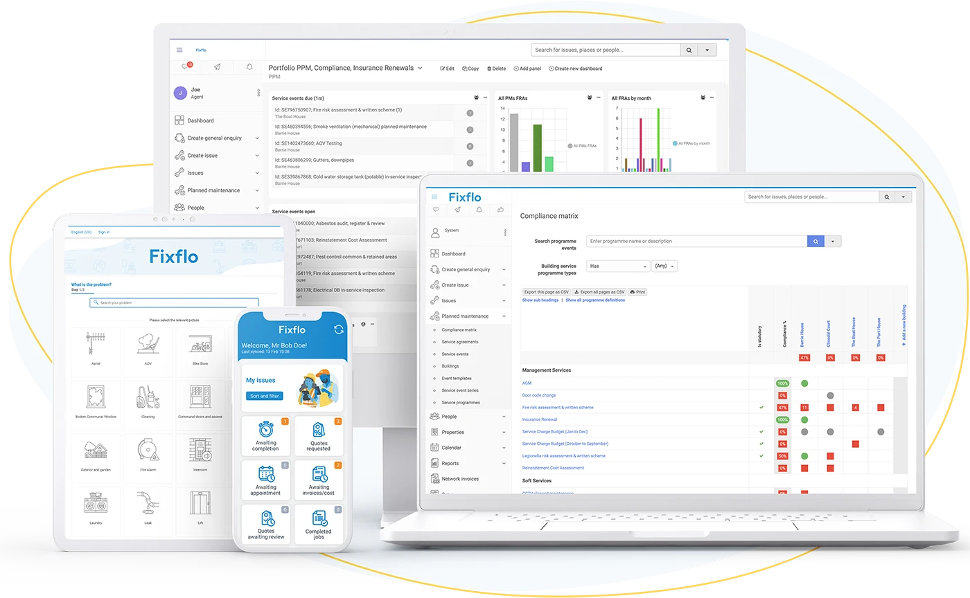 Fixflo's built to rent offerings including its customer dashboard, tenant reporting portal, contractor app and compliance matrix