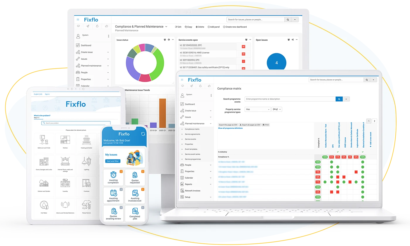 Fixflo's offerings for lettings including its customer dashboard, tenant reporting portal, contractor app and compliance matrix