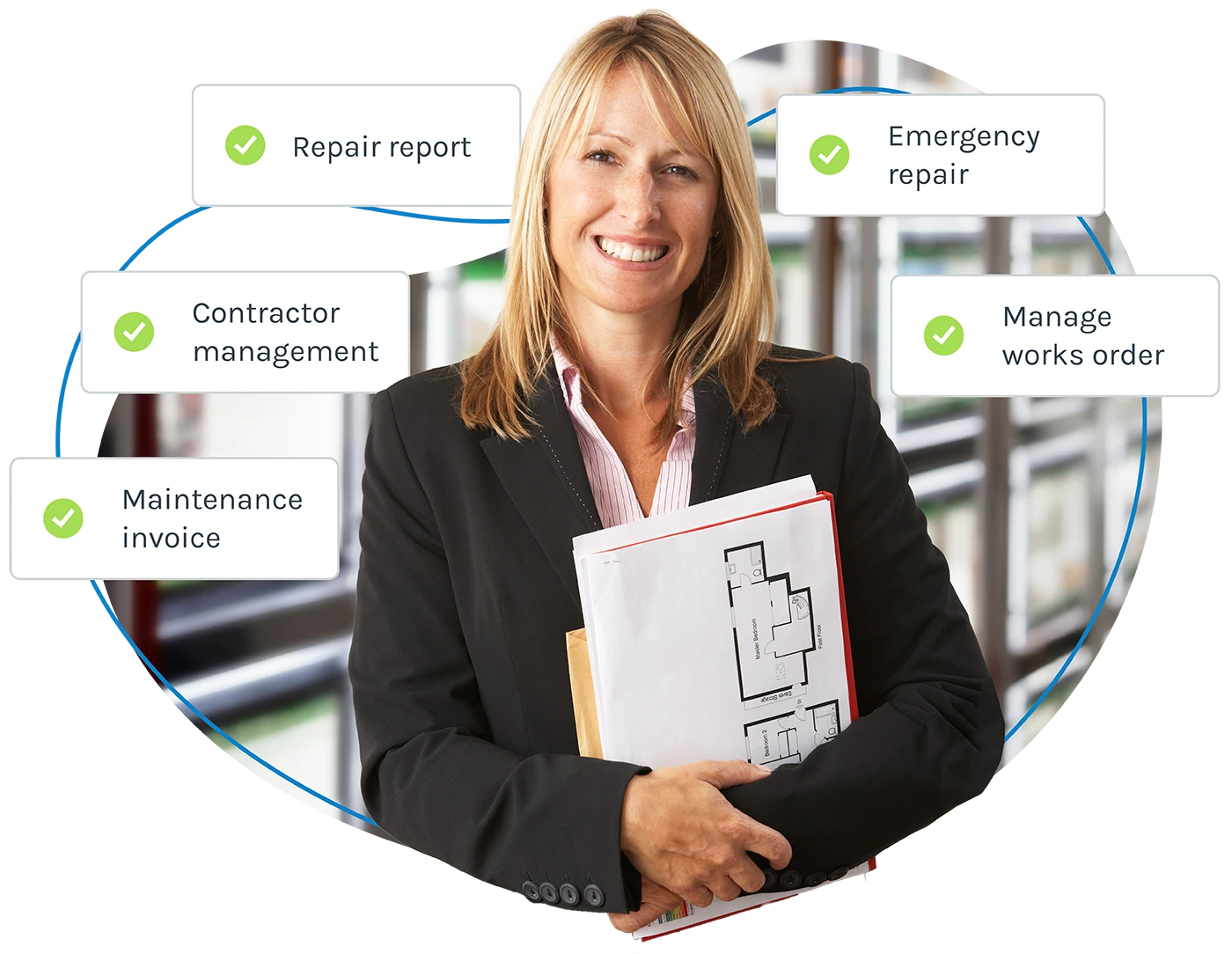 A smiling letting agent with checkbox illustrations of work completed via Fixflo's software including contractor management
